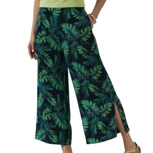 Soft Surroundings Sidnei Palm Print Pants M Green Linen Blend Wide Cropped Leg